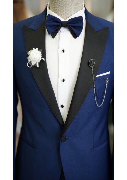 Erkek Kuşaklı Smokin Damatlık Saten Kırlangıç Yaka Italyan Kesim Slim Fit-Saks Mavisi