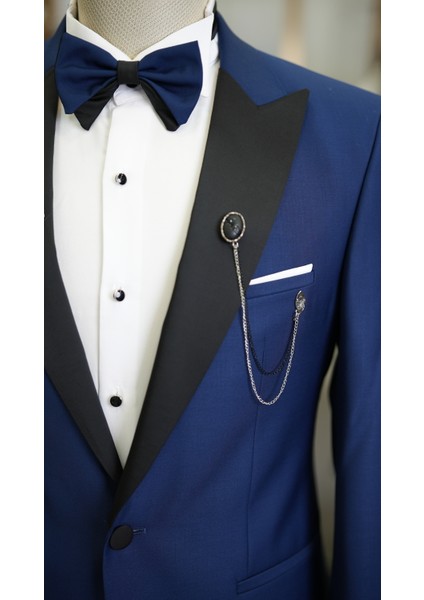 Erkek Kuşaklı Smokin Damatlık Saten Kırlangıç Yaka Italyan Kesim Slim Fit-Saks Mavisi
