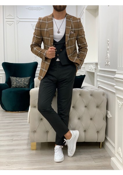Erkek Takım Elbise Kombinli Italyan Kesim Slim Fit Ceket Yelek Pantolon-Kahve fiyatları