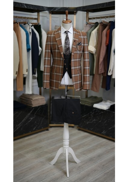 Erkek Takım Elbise Kombinli Italyan Kesim Slim Fit Ceket Yelek Pantolon-Kahve modelleri