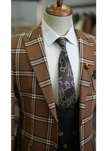 Erkek Takım Elbise Kombinli Italyan Kesim Slim Fit Ceket Yelek Pantolon-Kahve fırsatları