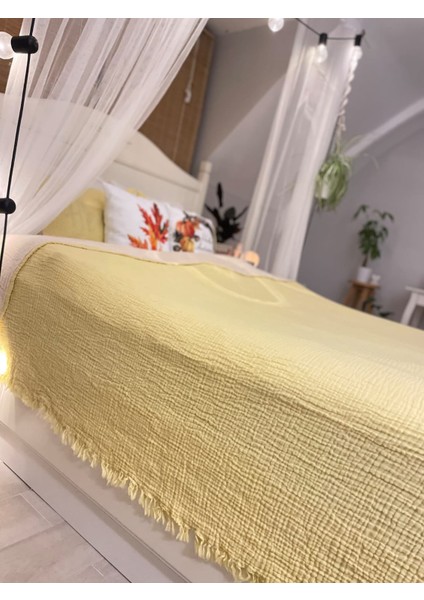 4 Katlı Çift Kişilik Organik Müslin Pike/yatak Örtüsü Sarı/ekru