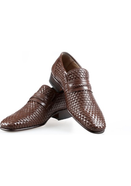 Erkek Deri Tamamen El Yapımı Örme Kösele Taban Klasik Ayakkabı