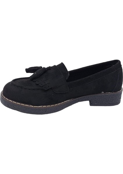 2403 Kadın Siyah Süet Günlük Kullanım Loafer Ayakkabı modelleri