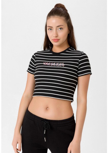 Kadın Çizgili Crop T-Shirt