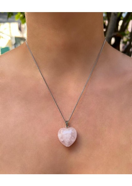 Bombeli Kalp Model Pembe Kuvars Doğal Taş Kolye