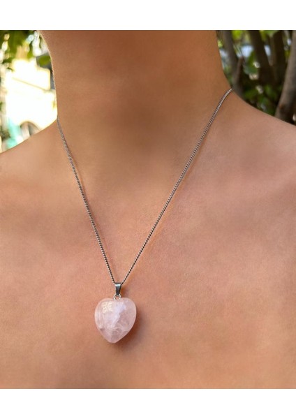 Bombeli Kalp Model Pembe Kuvars Doğal Taş Kolye
