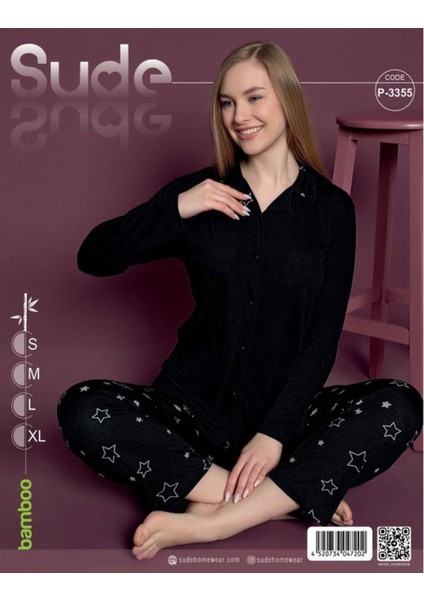 Kadın Bambu Siyah Uzun Kol Ince Pijama Takımı S-3355 - 1 Adet