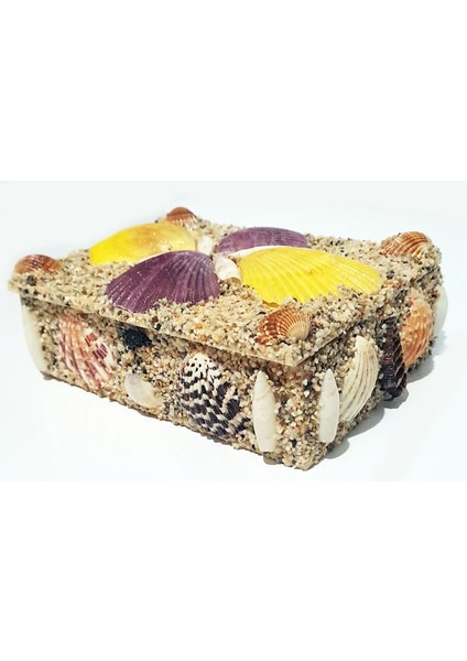 Renkli Deniz Kabuğu Süslemeli El Yapımı Ahşap Takı Mücevher Kutusu 18X13 cm - MKT20