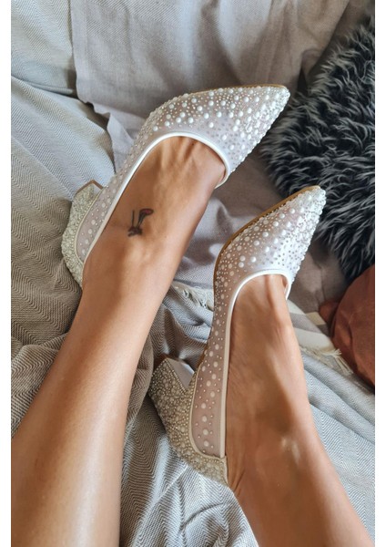 135 5465KT Topukla Kadın Incili Kısa Topuklu Abiye Ayakkabı