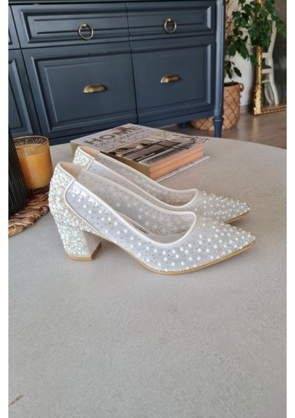 135 5465KT Topukla Kadın Incili Kısa Topuklu Abiye Ayakkabı modelleri