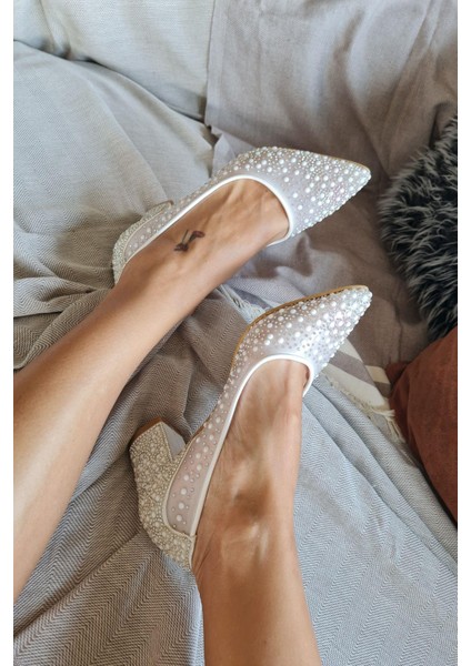 135 5465KT Topukla Kadın Incili Kısa Topuklu Abiye Ayakkabı fırsatları