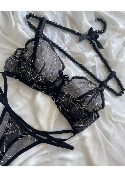 Siyah Dantel İşlemeli Lingerie İkili İç Çamaşır Takımı modelleri