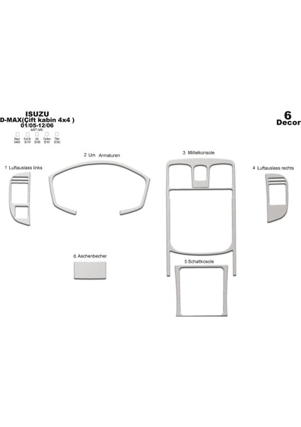 Marscockpitdesign Isuzu D Max Çift Kabin 4x4 Alüminyum Kaplama 6 Parça 2005-2006
