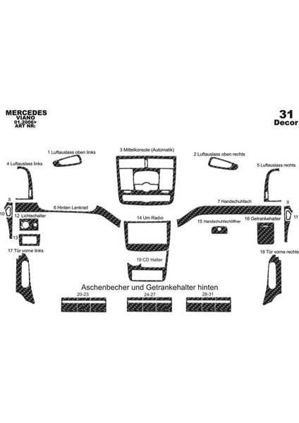 Marscockpitdesign Mercedes Viano Otm. Ön Torpido Kaplama Karbon 31 Parça 2006-›