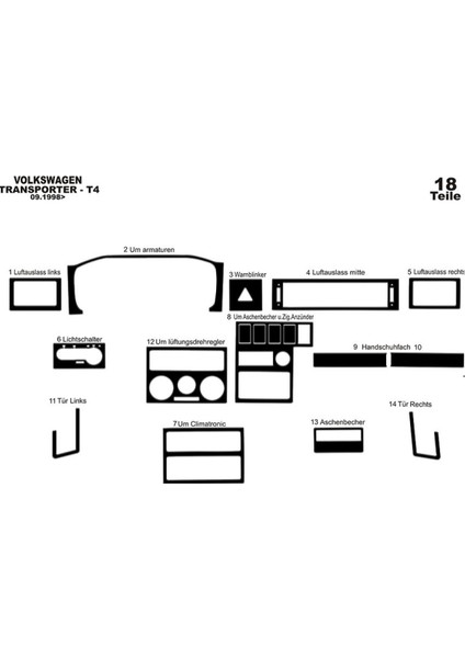 Marscockpitdesign Vw Transporter T4 Ön Torpido Kaplama Parlak Siyah 18 Parça 1998-2003