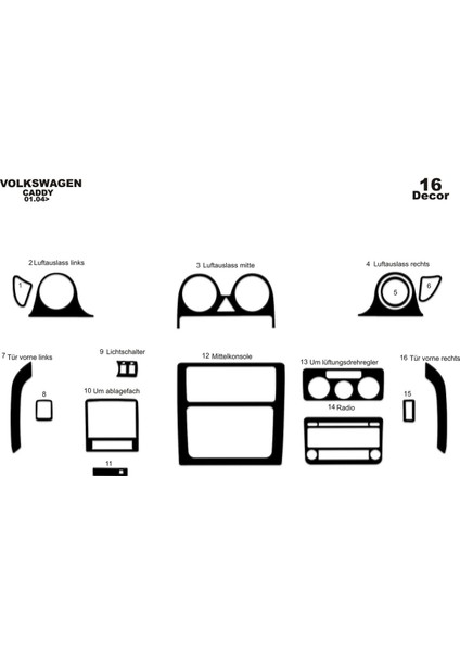 Marscockpitdesign Volkswagen Caddy Ön Torpido Kaplama Parlak Siyah 16 Parça 2004-2009