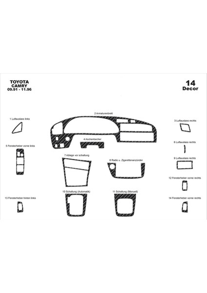 Marscockpitdesign Toyota Camry Ön Torpido Kaplama Karbon 14 Parça 1991-1997