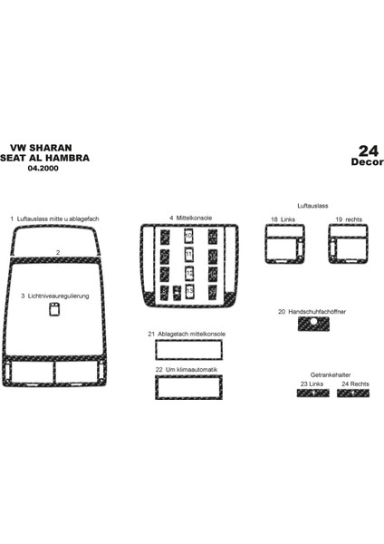 Marscockpitdesign Volkswagen Sharan Ön Torpido Kaplama Karbon 24 Parça 2000-2009