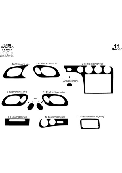 Marscockpitdesign Ford Mondeo Ön Torpido Kaplama Parlak Siyah 11 Parça 1993-1996