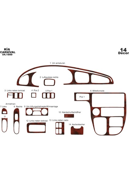 Marscockpitdesign Kia Carnival Ön Torpido Kaplama Maun 14 Parça 1999-2006