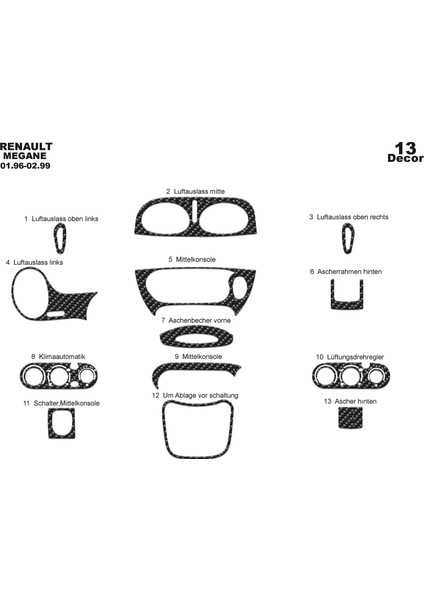 Marscockpitdesign Renault Megane Ön Torpido Kaplama Karbon 13 Parça 1996-1999