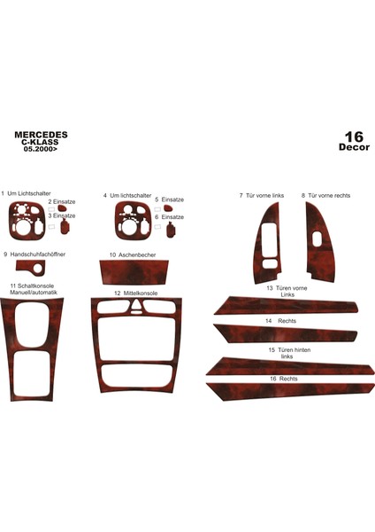Marscockpitdesign Mercedes C Serisi Ön Torpido Kaplama Maun 16 Parça 2000-2006