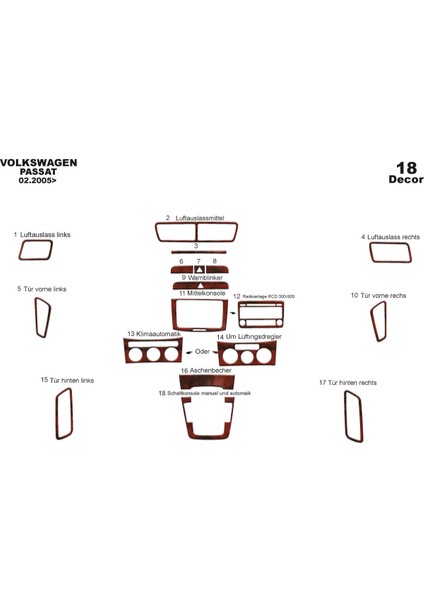 Marscockpitdesign Volkswagen Passat Ön Torpido Kaplama Maun 18 Parça 2005-2010