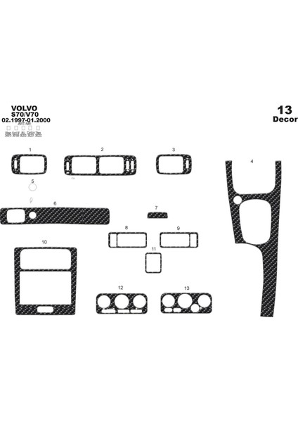 Marscockpitdesign Volvo S70 / V70 Ön Torpido Kaplama Karbon 13 Parça 1997-1999