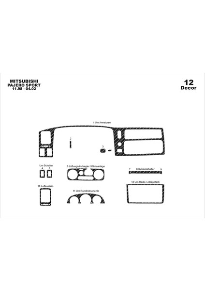 Marscockpitdesign Mitsubishi Pajero Sport Ön Torpido Kaplama Karbon 12 P. 1998-2002