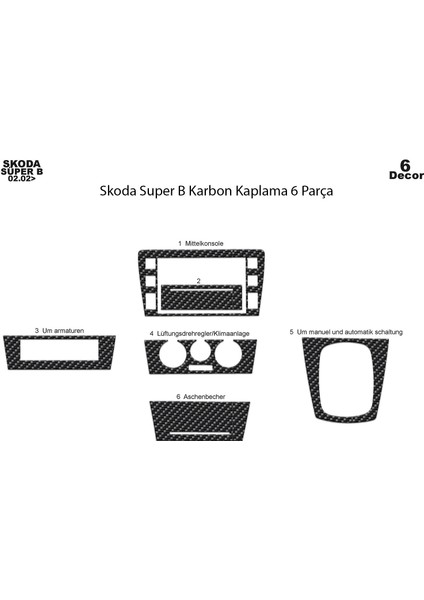 Marscockpitdesign Skoda Super B Ön Torpido Kaplama Karbon 6 Parça 2002-2007