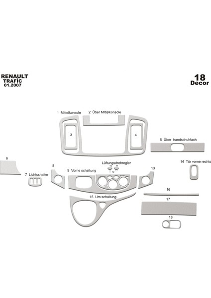 Marscockpitdesign Renault Trafic Torpido Kaplama Alüminyum 18 Parça 2007-2010