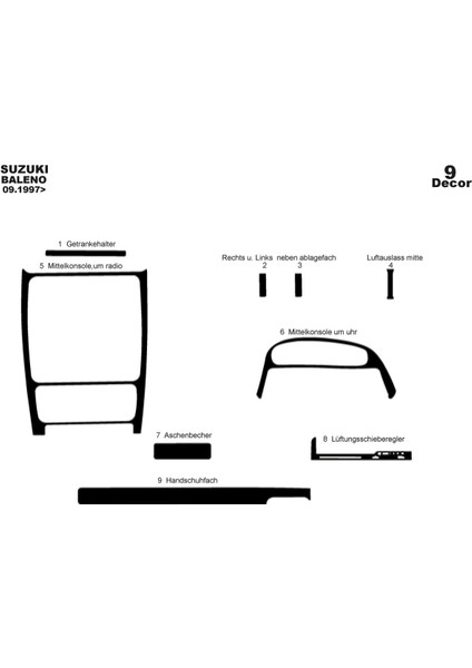 Marscockpitdesign Suzuki Baleno Ön Torpido Kaplama Parlak Siyah 9 Parça 1997-2006