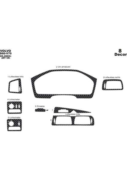 Marscockpitdesign Volvo S60 / V70 Ön Torpido Kaplama Karbon 8 Parça 2005-2009