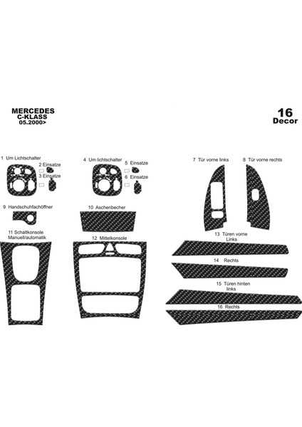 Marscockpitdesign Mercedes C Serisi Ön Torpido Kaplama Karbon 16 Parça 2000-2006