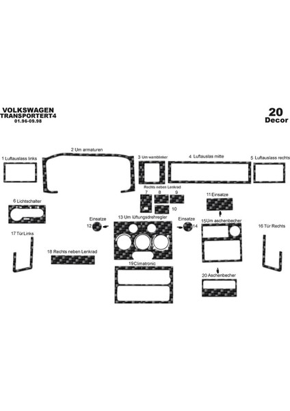 Marscockpitdesign Vw Transporter T4 Ön Torpido Kaplama Karbon 20 Parça 1996-1998
