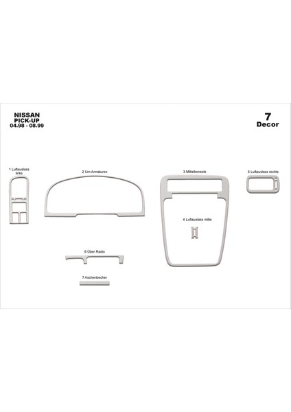Marscockpitdesign Nissan Pick-Up Ön Torpido Kaplama Alüminyum 7 Parça 1998-1999