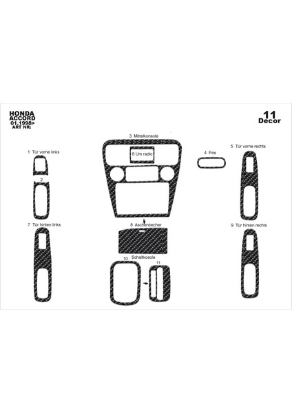 Marscockpitdesign Honda Accord Euro Ön Torpido Kaplama Karbon 11 Parça 1998-2002