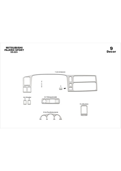 Marscockpitdesign Mitsubishi Pajero Sport Ön Torpido Kaplama Alüminyum 9 Parça 2002-2009