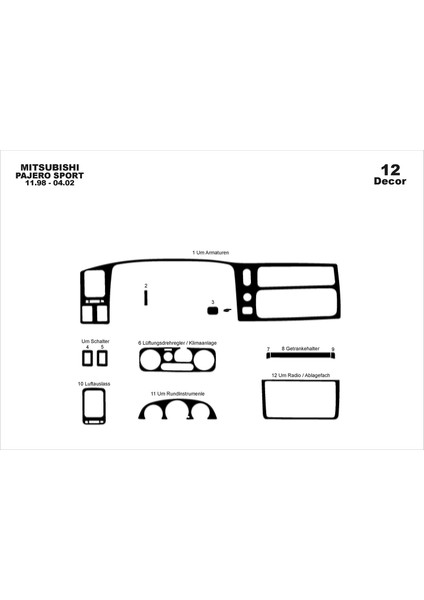 Marscockpitdesign Mitsubishi Pajero Sport Ön Torpido Kaplama Parlak Siyah 12 P. 1998-2002