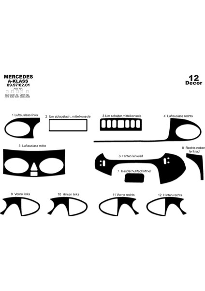 Marscockpitdesign Mercedes A Serisi Ön Torpido Kaplama Parlak Siyah 12 Parça 1997-2001