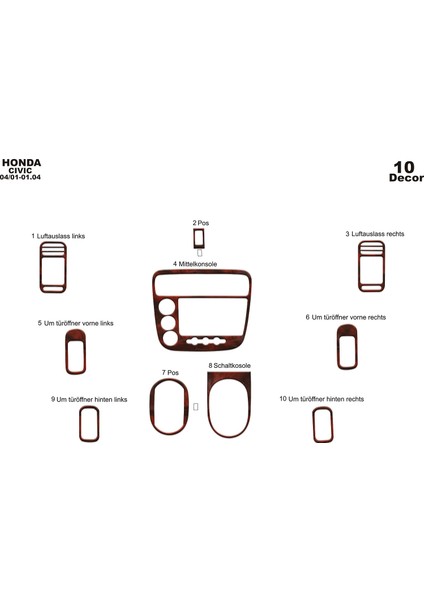Marscockpitdesign Honda Civic Ön Torpido Kaplama Maun 10 Parça 2001-2006