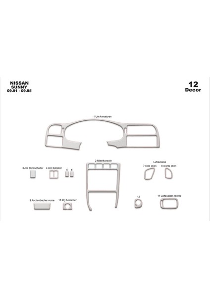 Marscockpitdesign Nissan Sunny Ön Torpido Kaplama Alüminyum 12 Parça 1991-1995