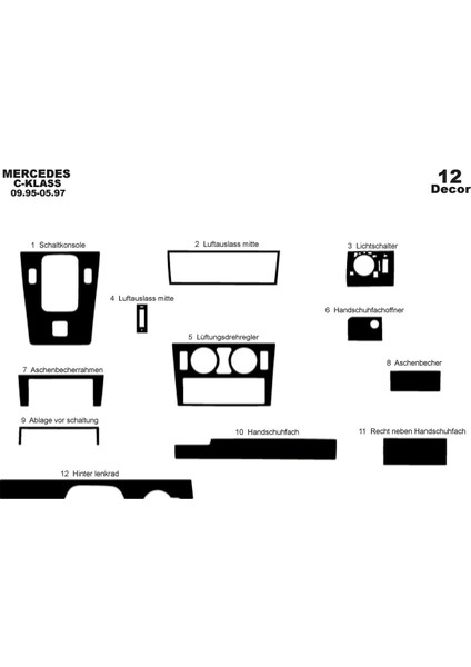 Marscockpitdesign Mercedes C Serisi Ön Torpido Kaplama Parlak Siyah 12 Parça 1995-1997