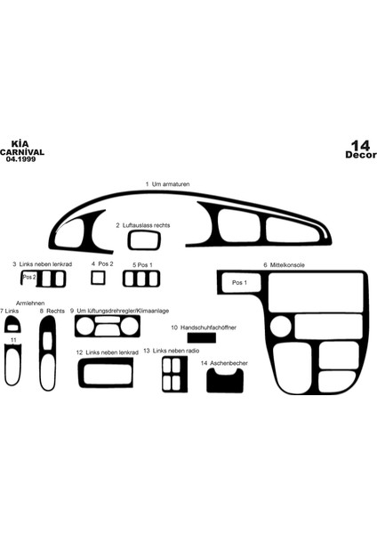 Marscockpitdesign Kia Carnival Ön Torpido Kaplama Parlak Siyah 14 Parça 1999-2006