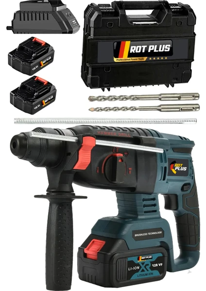 Rot Plus Power Alman 128 Vf 12 Ah Bakir Sargılı Kömürsüz Motor Darbeli Çift Akülü Şarjlı Kırıcı Delici Hilti