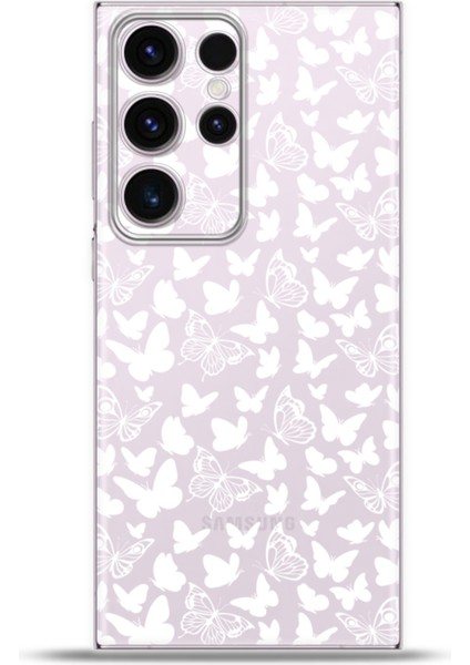 Samsung Galaxy S23 Ultra Kılıf Esnek Silikon Kamera Koruma 4K Desenli Özel Tasarım - Beyaz Kelebekler