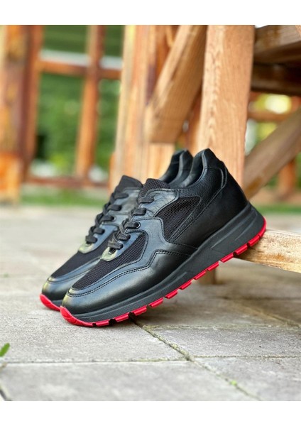 0025 Deri Siyah Süet Garnili Erkek Sneaker Ayakkabı