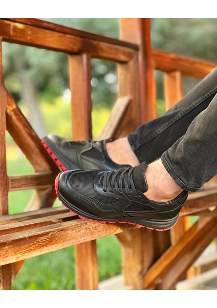 0025 Deri Siyah Süet Garnili Erkek Sneaker Ayakkabı