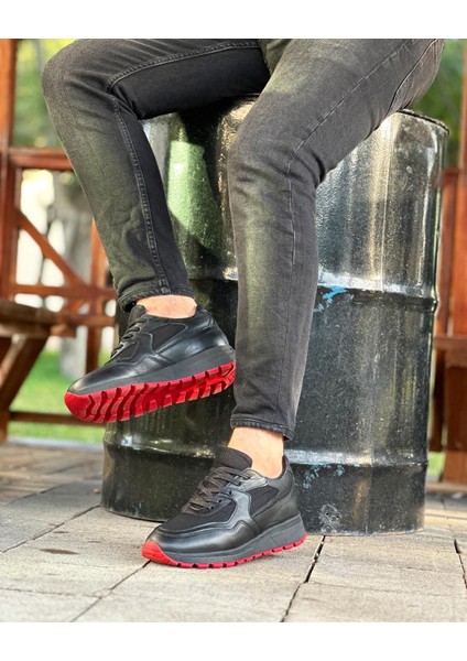 0025 Deri Siyah Süet Garnili Erkek Sneaker Ayakkabı